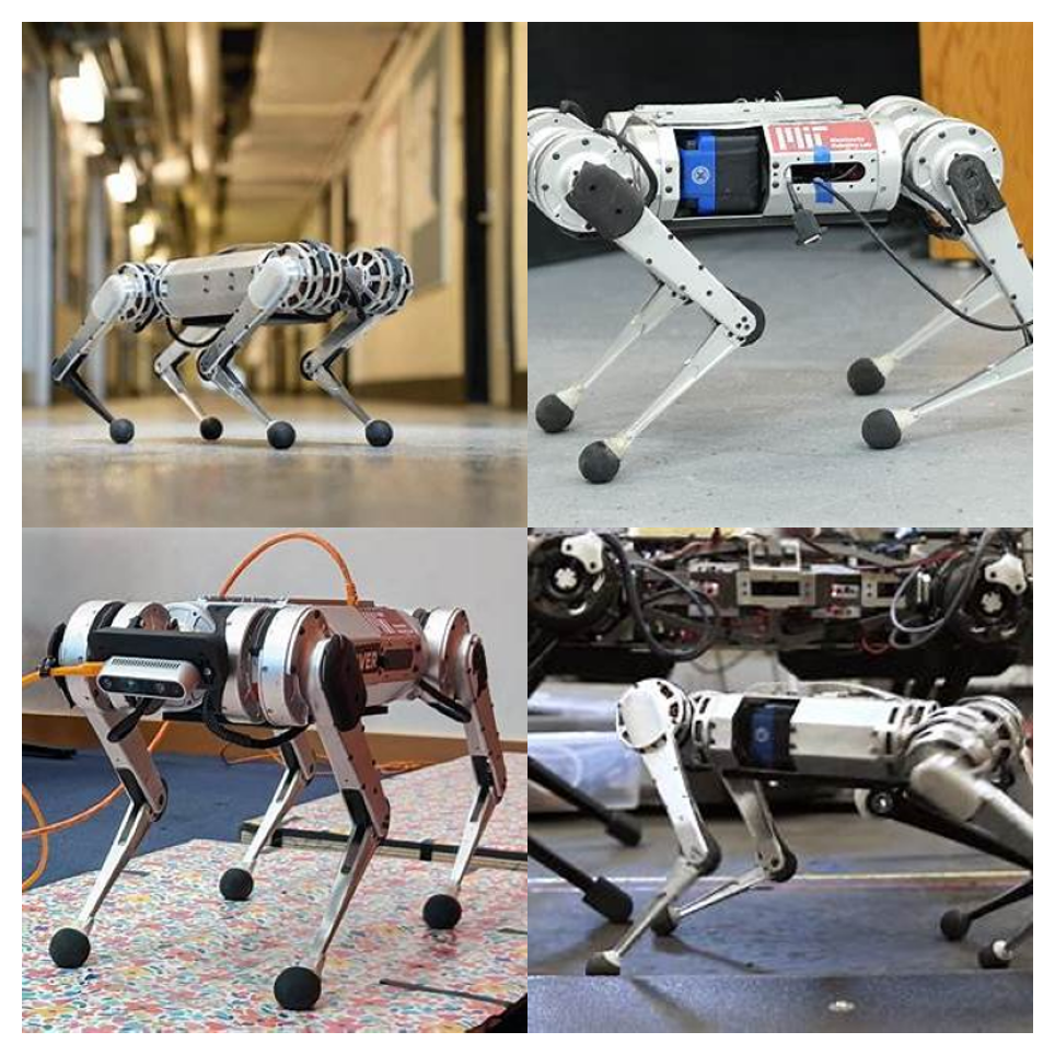 Four images of MIT’s Mini Cheetah robot showcasing agility and speed across various test environments.