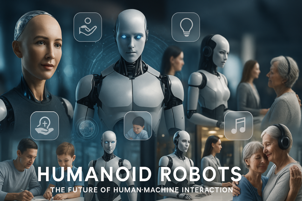 hotorealistic humanoid robots interacting with humans in various real-life scenarios, showcasing AI in healthcare, education, and companionship.
