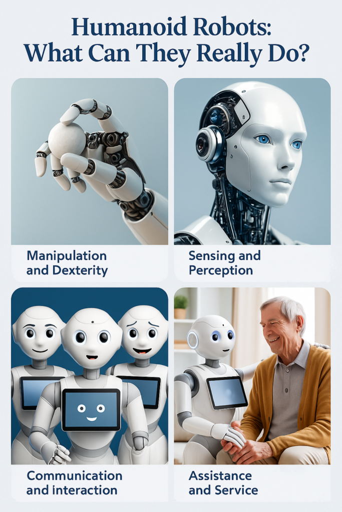A collage of humanoid robots demonstrating key capabilities including mobility, dexterous hands, sensory perception, emotional interaction, and assistance in caregiving settings.