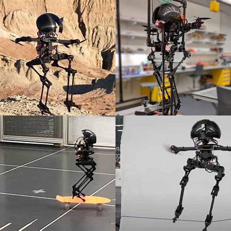 LEONARDO robot collage showing it walking, skateboarding, balancing on a slackline, and standing in a lab environment.