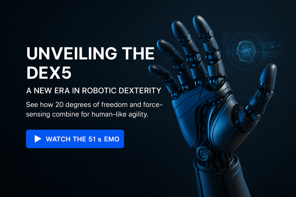 Dex5 robotic hand extended with holographic UI, showcasing advanced dexterity and force-sensing features